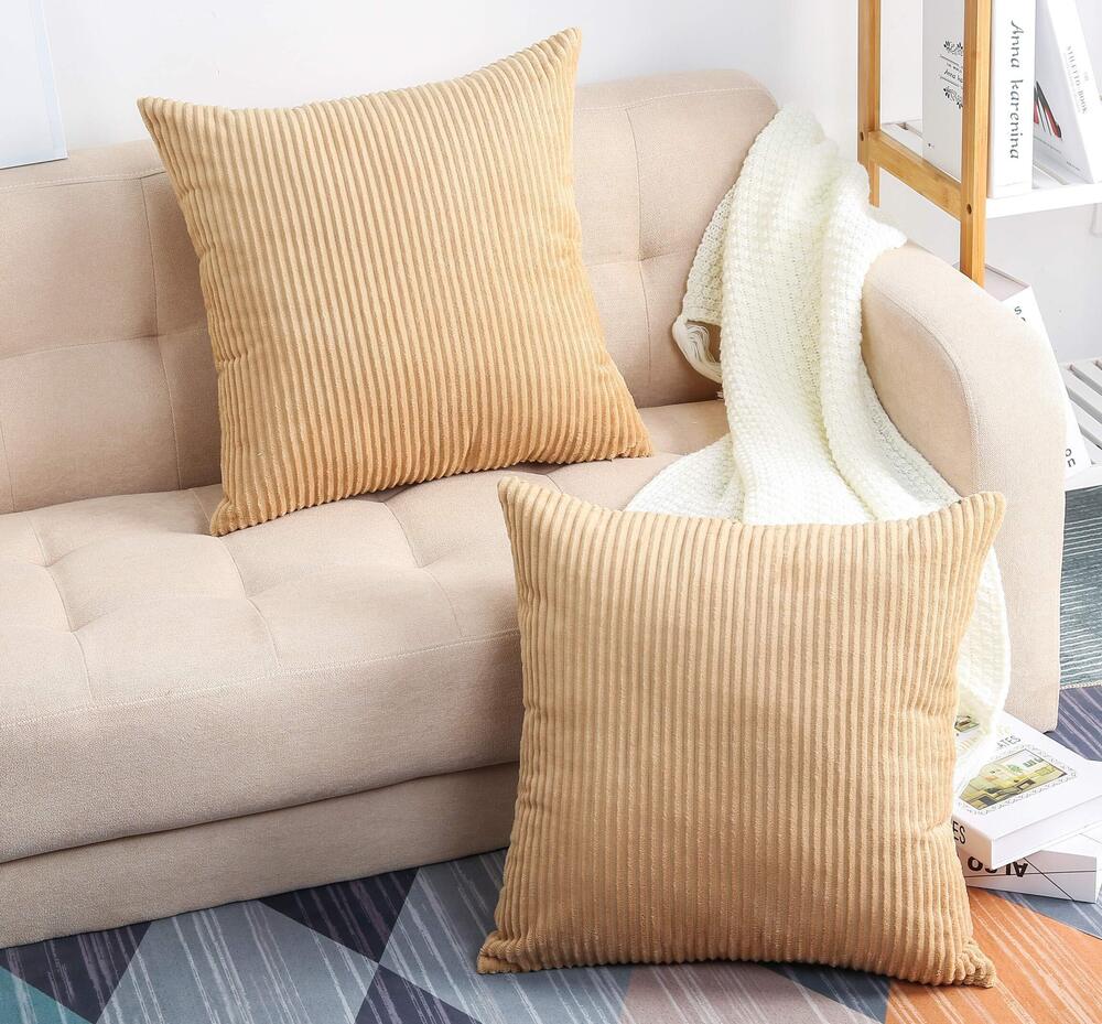 6276 Set of 2 Solid Velvet Striped Corduroy Decorative Throw Pillow Covers